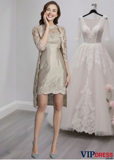 Knee-Length Taffeta Mother of the Bride Dress with Scoop Neck and Applique