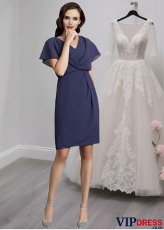 Chiffon V-Neck Knee-Length Mother of the Bride Dress – Short Sleeve Sheath Gown