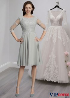 Chiffon Mother of the Bride Dress with Scoop Neck and 1/2 Sleeves