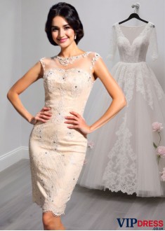 Short Jewel Neck Lace Bride Mother Party Dress Sleeveless Column