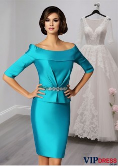 Off The Shoulder Taffeta Knee-Length Mother of the Bride Dress with Half Sleeves