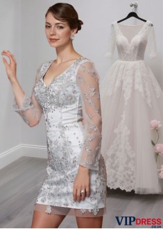 V-Neck Elastic Satin Short Mother of the Bride Dress with Long Sleeves