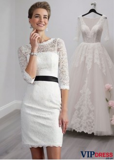 White Lace Scoop Neck Short Mother of the Bride Dress with 1/2 Sleeves