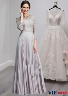Chiffon A-Line Mother of the Bride Dress – Scoop Neck with Lace & 3/4 Sleeves