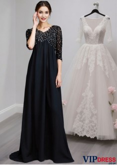 V-Neck Mother of the Bride Dress with Half Sleeves – Empire Waist A-Line Gown