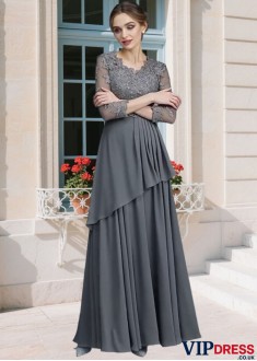 Elegant Chiffon V-Neck A-Line Mother of the Bride Dress with Ruffles and 3/4 Sleeves – Floor Length