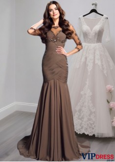Chiffon Mother of the Bride Dress – Sheath Gown with 3/4 Sleeves and Court Train