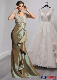 Taffeta Short Sleeve Mother of the Bride Formal Dress with Applique and Beading
