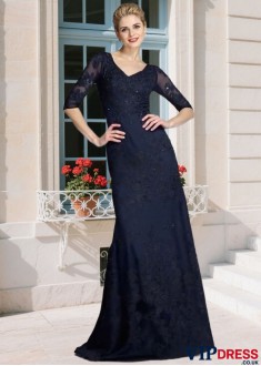 Elegant Satin Mother of the Bride Dress – V-Neck Sheath Gown with 1/2 Sleeves & Applique, Floor-Length