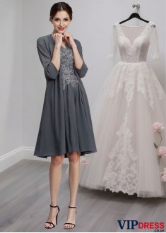 V-Neck Knee Length A-Line Mother of the Bride Dress with Applique