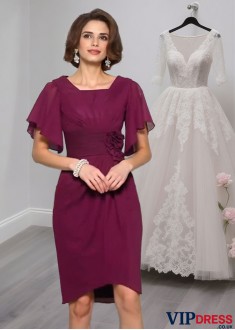 Handmade Flower Chiffon Knee-Length Mother of the Bride Dress with Square Neckline
