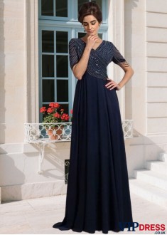 V-Neck Chiffon Mother of the Bride Dresses with Short Sleeves
