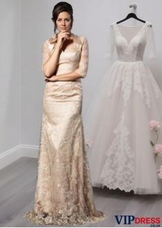 V-Neck Lace A-Line Floor Length Satin Mother of the Bride Dress