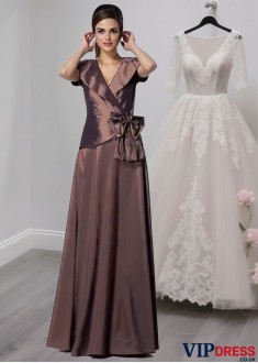 Taffeta V-Neck Bride Mother Dresses – Floor Length Gowns With Bowknot