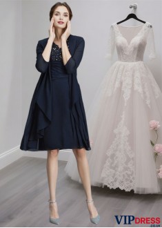 V Neck Knee Length Chiffon Mother of the Bride Dress with Beading