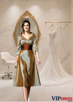 Taffeta V-Neck Tea-Length Mother of the Bride Dress with 3/4 Sleeves Formal Gown