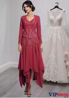 Elegant V-Neck Chiffon Mother of the Bride Dress with Asymmetrical Hemline