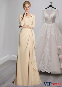 Sweetheart Chiffon Mother of the Bride Dress with Lace and 3/4 Sleeves – A-Line Gown