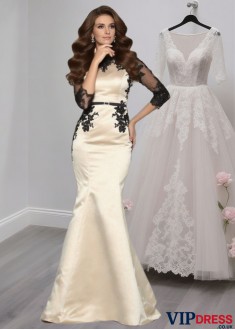 Satin Bateau Neck Mermaid Mother of the Bride Formal Dress with Lace and Sweep Train