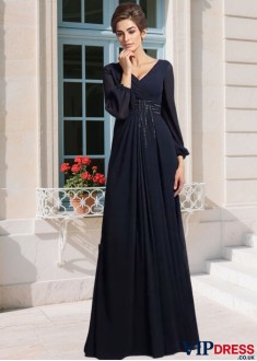 V-Neck Mother of the Bride Dress with Beading - Long Sleeve A Line Gown
