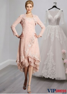 Pink Strapless Chiffon Knee-Length A-Line Mother of the Bride Dress with Applique
