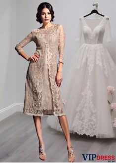 Scoop Neck Taffeta Mother of the Bride Dress – Lace Sheath Knee-Length Gown