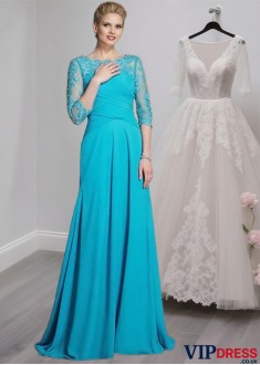 Floor-Length Chiffon A-Line Prom Mother of the Bride Dress with 3/4 Sleeves