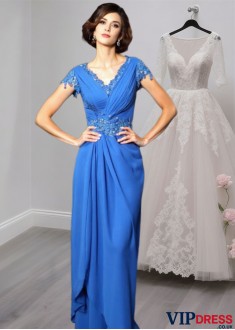 V-Neck Floor-Length Chiffon Mother of the Bride Dress with Beading and Applique