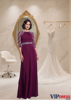 Elegant Chiffon Scoop Neck Beaded A-Line Mother of the Bride Dress with 1/2 Sleeves