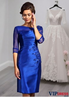 Elegant 1/2 Sleeve Elastic Satin Knee-Length Mother of the Bride Dress with Beading