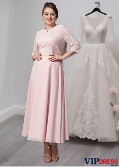 Pink Chiffon Mother of the Bride Dress – Ankle Length A-Line Gown With Lace Sleeves