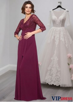 Elegant V-Neck Chiffon Mother of the Bride Dress with Beading and 3/4 Sleeves