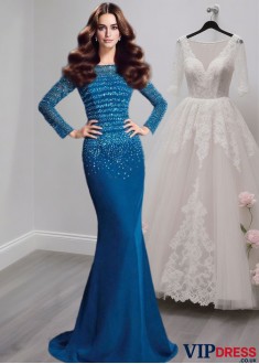 Off-the-Shoulder Long Sleeve Chiffon Evening Dresses Gowns with Beading