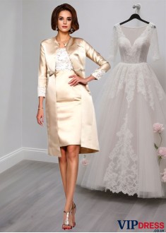 Knee-Length Mother of the bride Outfits – Square Neck Sheath Gown with Applique