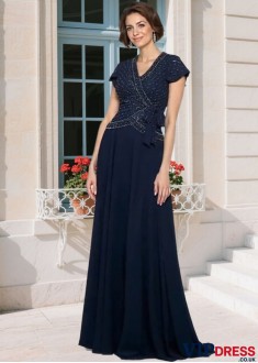Elegant Chiffon Mother of the Bride Dress – V-Neck Beaded A-Line Gown with Short Sleeves