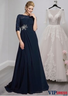 Chiffon Mother of the Bride Dress – Scoop Neck A-Line Gown with 1/2 Sleeves