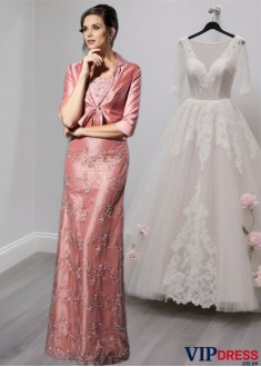 Taffeta A-Line Mother of the Bride Dress with Straps and Lace Embellishment