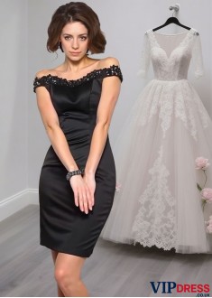 Off-the-Shoulder Satin Mother of the Bride Dress – Knee-Length Sheath Gown
