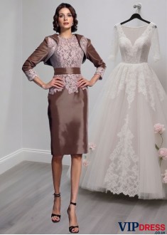 Knee-Length Taffeta Mother of the Bride Dress with Lace Embellishment and Jewel Neck