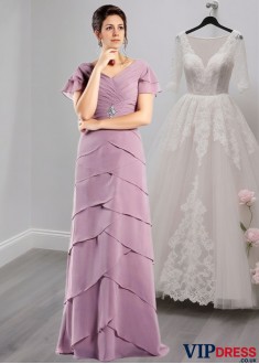 Chiffon V-Neck Short Sleeve Floor-Length Mother of the Bride Dress