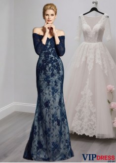 Off-the-Shoulder Lace Trumpet Mermaid Mother of the Bride Dress with 3/4 Sleeves