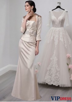 Strapless Satin Beaded Mother of the Bride Dress with Handmade Flowers