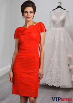 Knee-Length Satin Sheath Party Dress with Lace and Short Sleeves