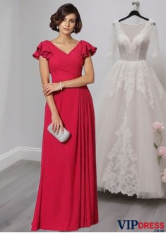 Floor-Length Chiffon V-Neck Mother of the Groom Dresses with Ruched Cheap