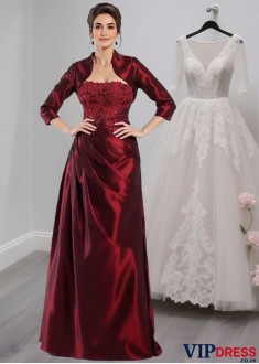 Strapless Taffeta Mother of the Bride Dress with Applique and Sleeves