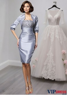 Taffeta Sweetheart Neck Mother of the Bride Dress – Sheath Knee-Length Gown