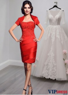 Short Mother of the Bride Dress – Strapless Sheath Gown with Beading
