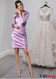Ruched Satin Mother of the Bride Dress – Knee Length Sheath Gown