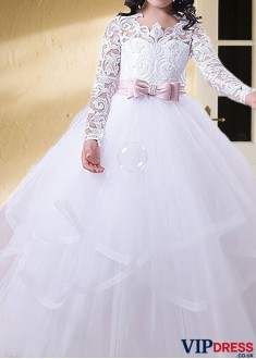 Tulle Jewel Neck Flower Girl Dresses – Long Sleeve Ball Gowns