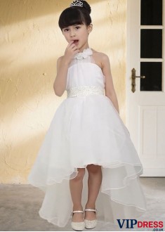 Organza Flower Girl Dress with Beading – High Neck Asymmetrical Princess Dress